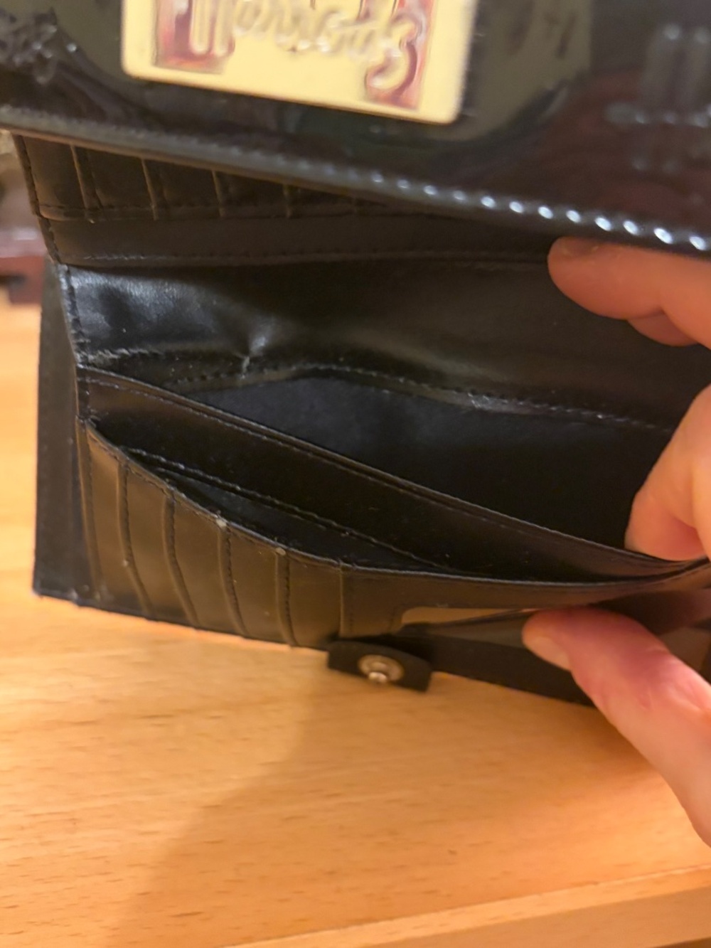 Harrod's Black Patent PVC Wallet Clutch Trifold Logo Card Holder London UK - Picture 11 of 11